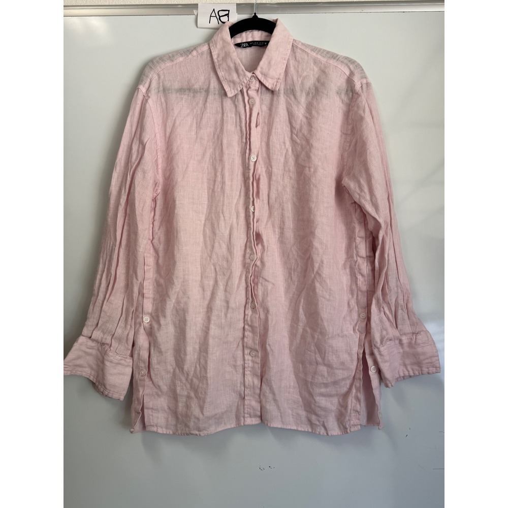 Zara Women's Light Pink 100% Linen Button Down Shirt Side Slit Detail Size S